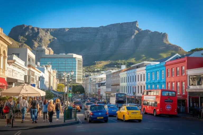 Bustling Cape Town street with colorful storefronts, pedestrians, a red double-decker bus, and Table Mountain in the background.