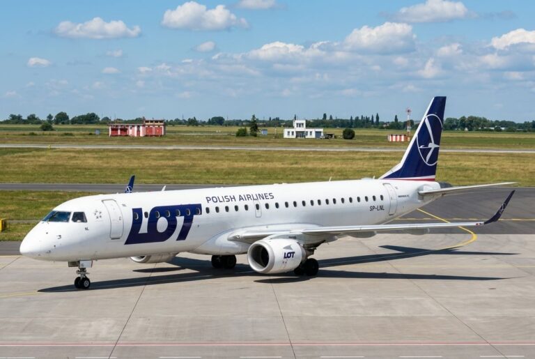 LOT Polish Airlines aircraft parked on the tarmac, side view of the white fuselage and blue tail with logo, at a sunny airport.