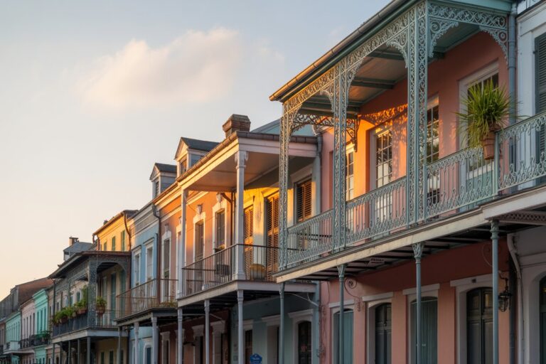 Row of pastel-colored townhouses with ornate wrought-iron balconies along a sunny street, warm sunlight illuminating the upper floors.