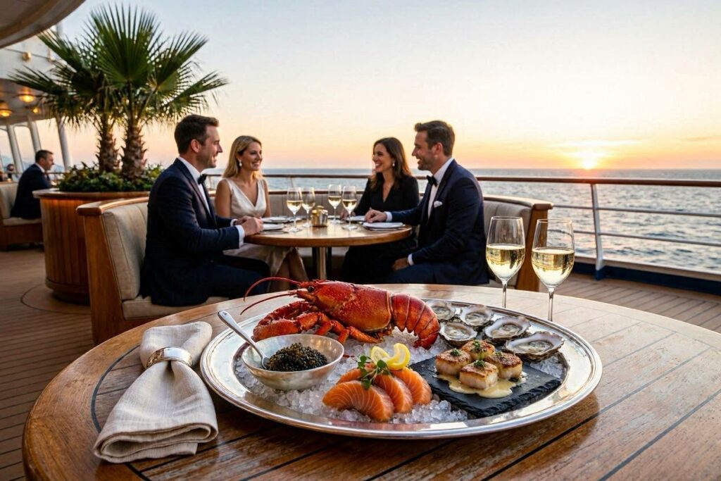 Seafood platter on a wooden table aboard a yacht at sunset, with four guests chatting in the background.