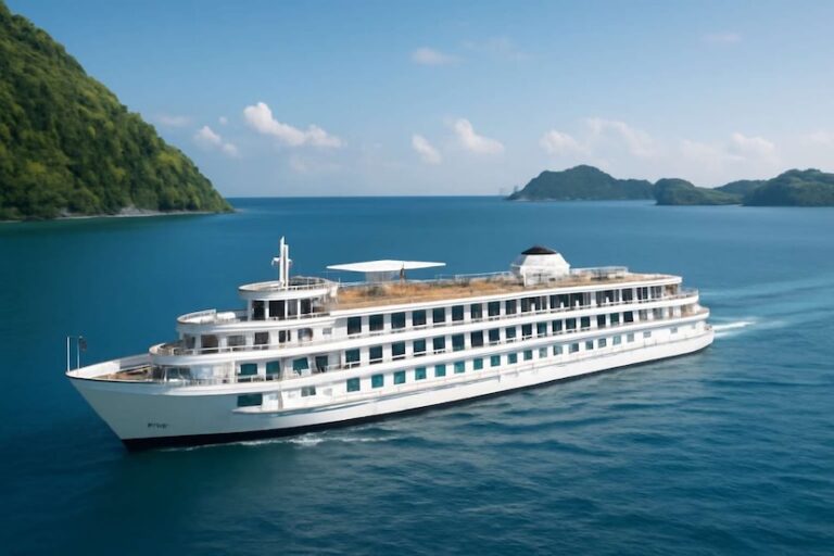 White multi-deck cruise ship sailing in calm blue water, with forested islands in the distance and a sun umbrella on the top deck.
