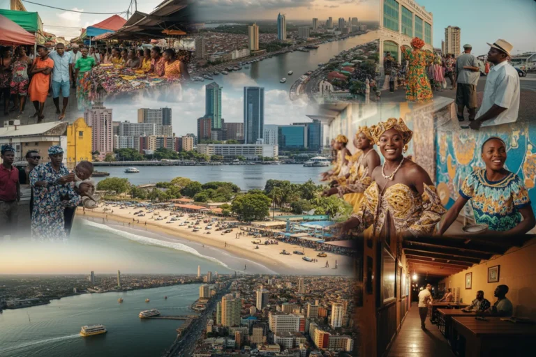 Collage of Ghanaian scenes: market vendors, riverfront skyline, sandy beach, dancers in traditional dress, busy street, and a restaurant.