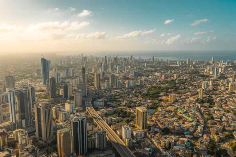 Aerial view of a dense coastal city with a winding elevated road and numerous high-rise buildings at sunset/sunlit.