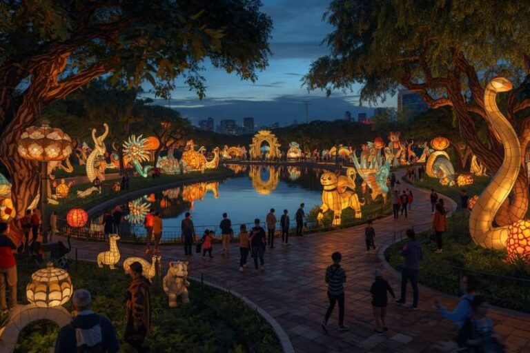 Evening lantern festival in a park: glowing animal sculptures along a canal with visitors strolling the lit promenade.