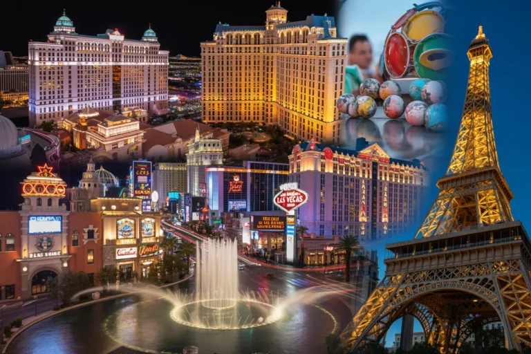Collage of Las Vegas skyline with a central fountain, bright hotel signs, and a distant Paris-themed Eiffel Tower image.