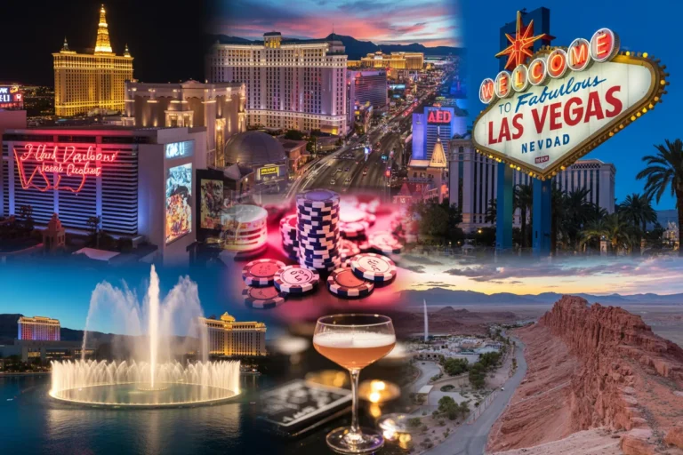 Collage of Las Vegas scenes: skyline, casino signs, poker chips, fountain show, champagne, and desert canyon. (informative)