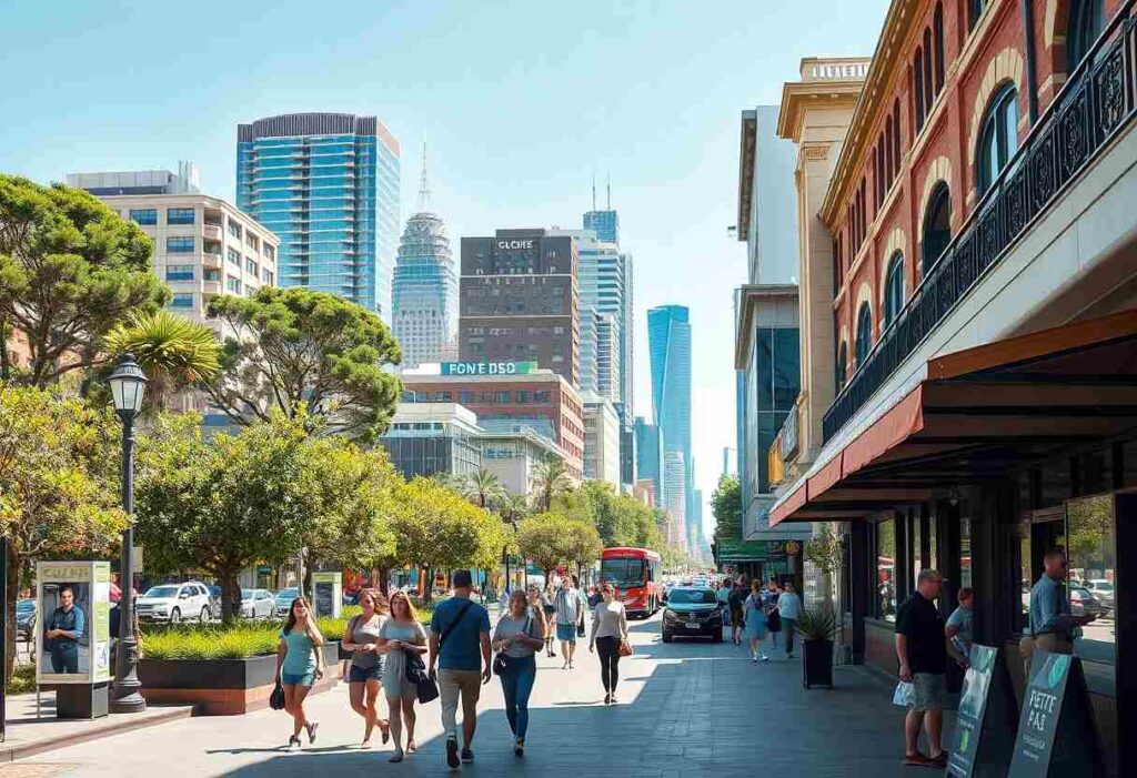 Busy city street with pedestrians walking along a tree-lined sidewalk and a red bus in the distance.
