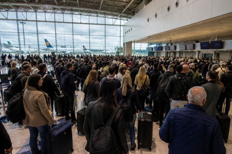 Crowded airport terminal with travelers standing in line and luggage near a large glass wall and runway view.”,