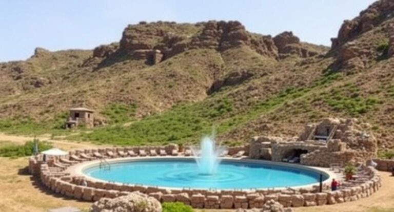 Circular pool with a central fountain, surrounded by a stone terrace and lounge chairs, set against rocky hills and green scrub.