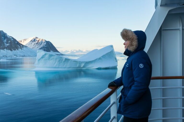 Person in a blue parka with fur-trimmed hood leaning on a ship railing, gazing at an iceberg in calm Arctic waters near snow-covered mountains.