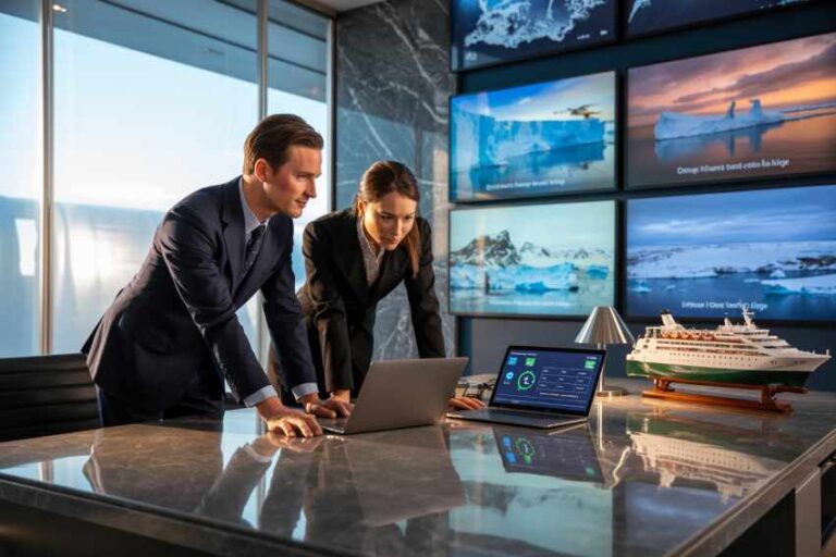 Two business professionals lean over a laptop on a marble conference table in a ship logistics office with large screens showing maps and ships in the background.