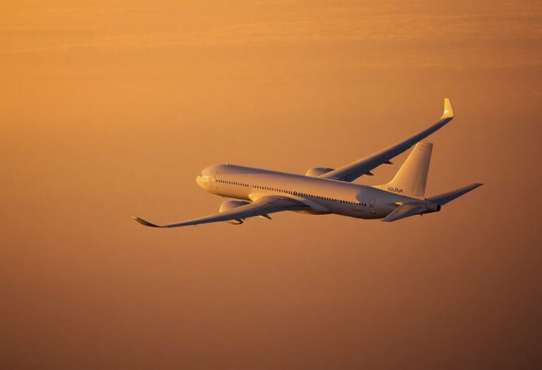 White commercial airplane in a warm orange sunset sky while in flight.
