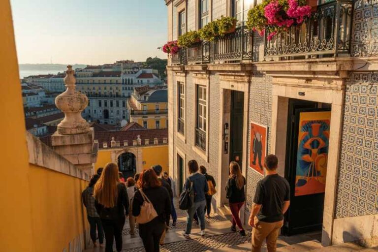 Tourists descend a stone staircase beside a tiled building with a flower-filled balcony, overlooking a sunlit cityscape.