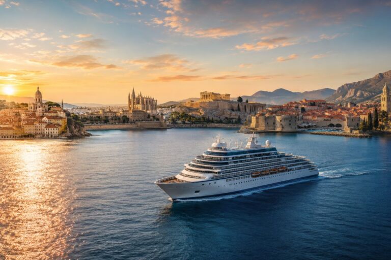 Large white cruise ship sails past the historic harbor at sunset, with golden light reflecting on calm blue water and ancient buildings in the background.