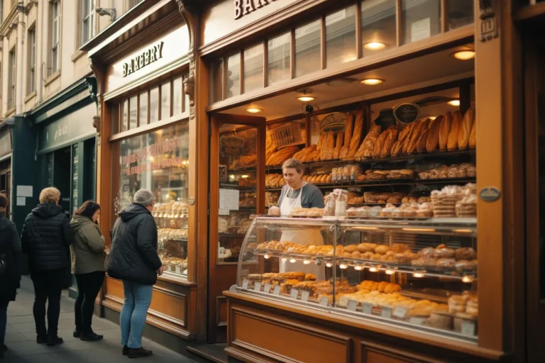 Bakery storefront with a glass display case full of loaves and pastries; a baker in apron helps customers as three people stand outside in coats.