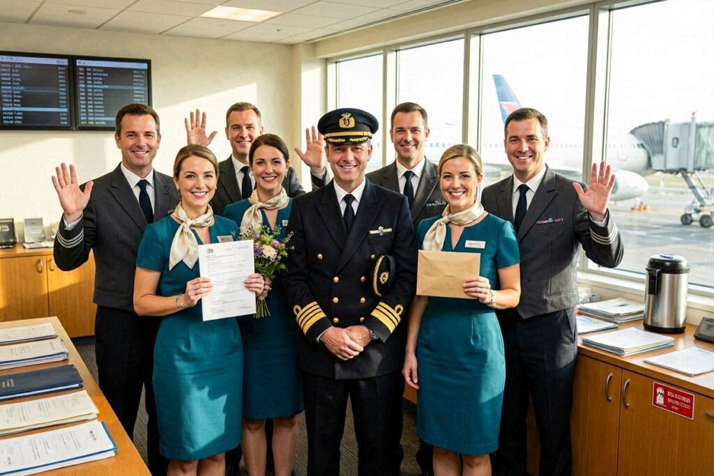 Airline crew posing for a group photo in a crew room; captain in the center, others in teal uniforms and suits, all waving at the camera with an airplane outside the window.