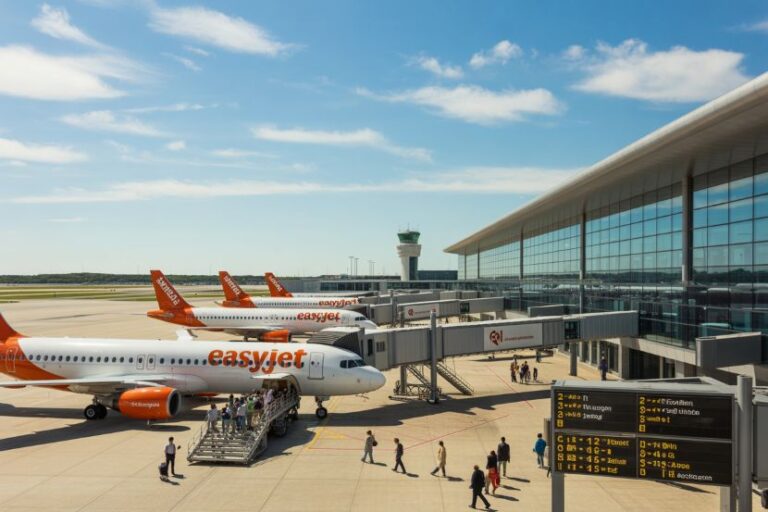 Several EasyJet planes on the tarmac at a gate under a clear, sunny sky, with a jet bridge and terminal building in view.