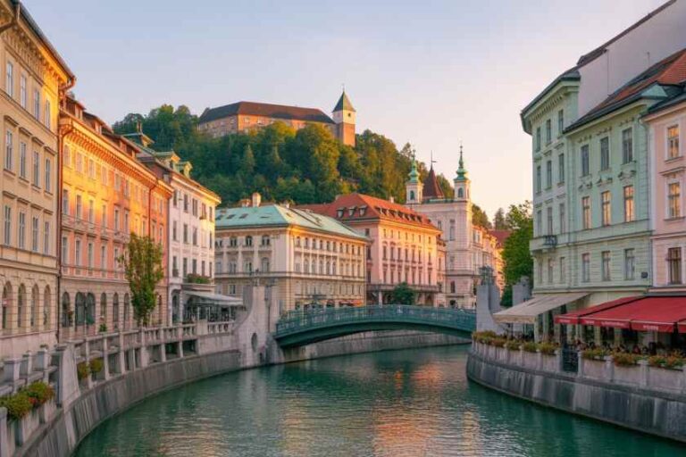 Sunlit European canal lined with pastel buildings, a stone arch bridge, and cafe tables along the right bank, hilltop fortress in the background.
