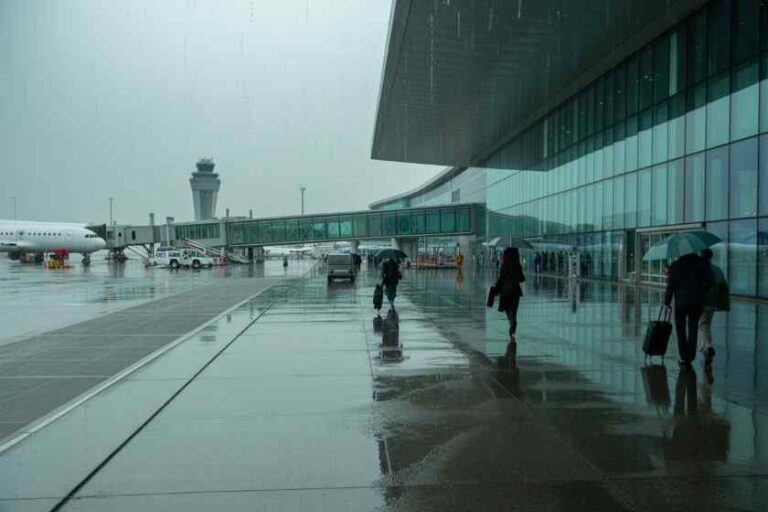 Airport terminal with glass facade on a rainy day; people walk with umbrellas along a wet sidewalk beside a parked plane.