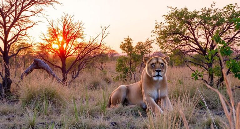 Lioness resting on dry grass in a savannah at sunset with orange sky and sparse trees nearby