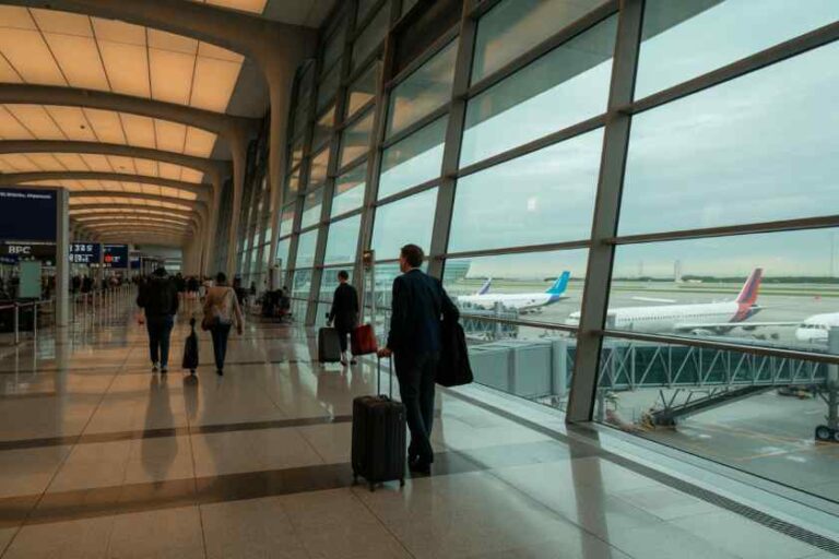 Passenger with rolling suitcase in a bright airport terminal; large windows show planes on the tarmac outside.