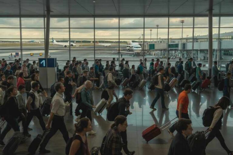 Crowded airport terminal with travelers wheeling suitcases toward gates, planes visible through large windows.