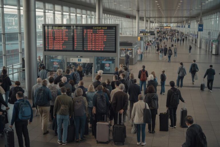 Crowd of travelers in a modern airport terminal looking at a large departure/arrival board near glass walls.