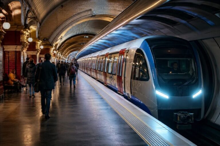 Subway platform with a blue-white metro train arriving, passengers waiting under arched brick ceilings.