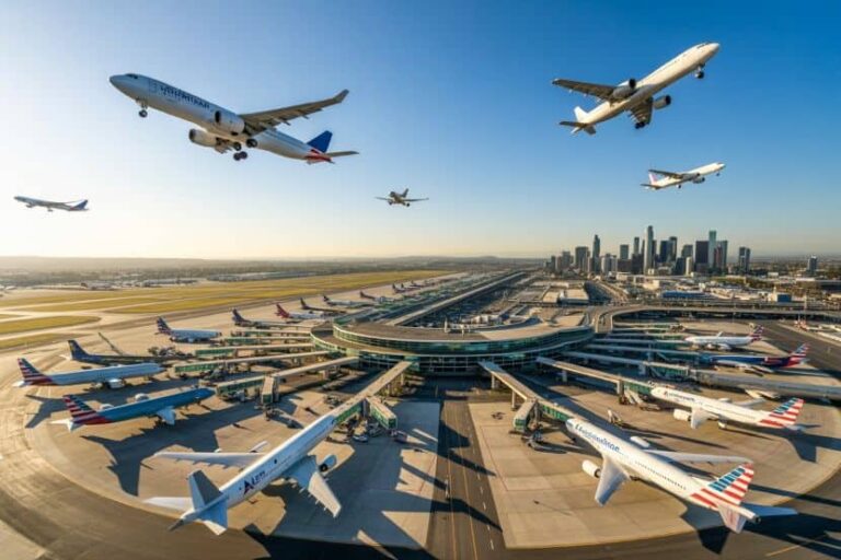 Multiple airplanes on the tarmac and in the sky above a busy international airport with a modern terminal and city skyline in the distance.