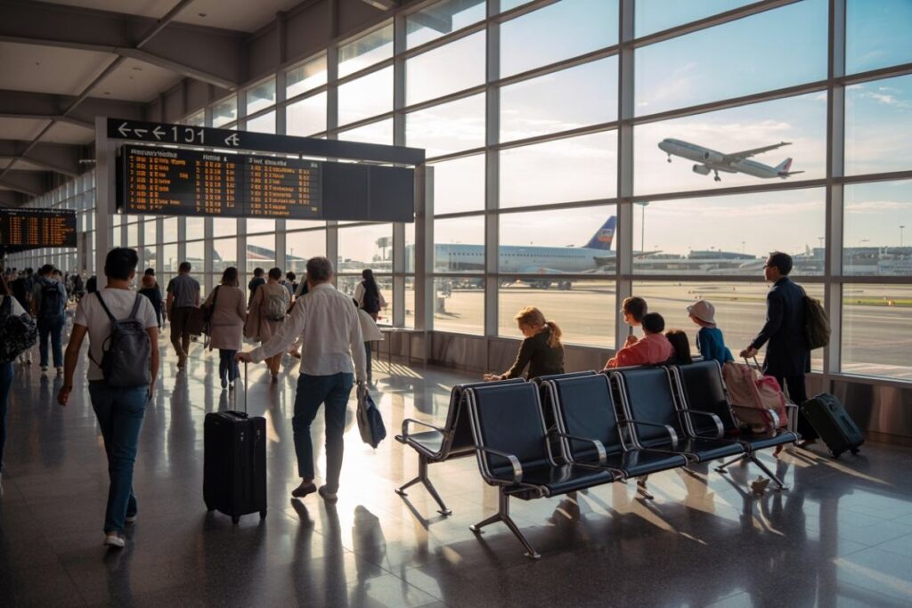 Busy airport terminal with a large flight-info board and people walking with luggage toward gates; planes visible outside the glass wall.