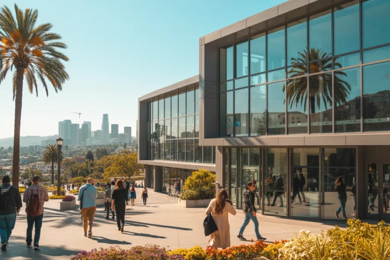 Pedestrians stroll along a sunny plaza beside a modern glass building with palm trees and a distant city skyline.