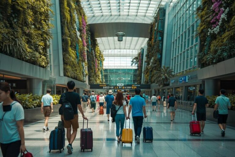 Busy airport terminal with travelers pulling colorful rolling suitcases under a glass ceiling and vertical garden walls on both sides.
