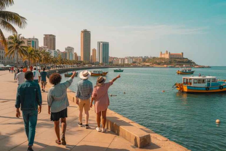 Group of friends walking along a sunny seaside promenade with palm trees and a city skyline in the background.
