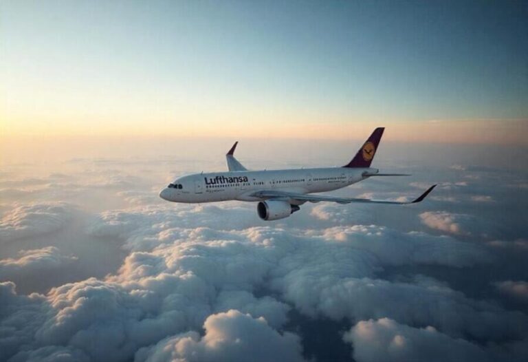 Lufthansa jet flying above fluffy clouds during sunset or sunrise with a blue sky backdrop