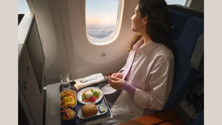 Passenger in a window seat enjoying an in-flight meal on a tray table with salad, bread, and dessert nearby