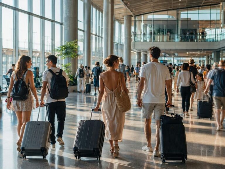 Crowded airport terminal with travelers pulling wheeled suitcases and carrying bags.
