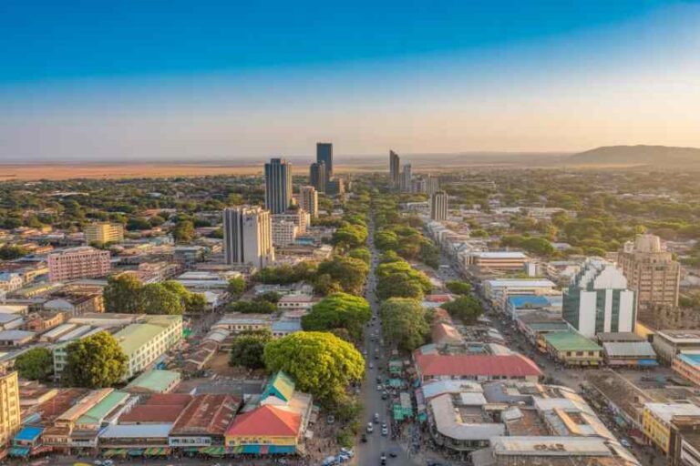 Aerial view of a sunny coastal city with a tree-lined central avenue and cluster of high-rise buildings in the distance.