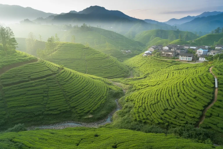 Terraced green tea fields wind through a misty valley with a small hillside village on the right.