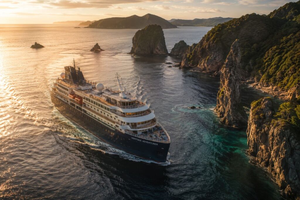 A large cruise ship sails near rugged rocky cliffs at sunset, calm turquoise water around the bow, labeled 'Heritage Adventurer' on the hull