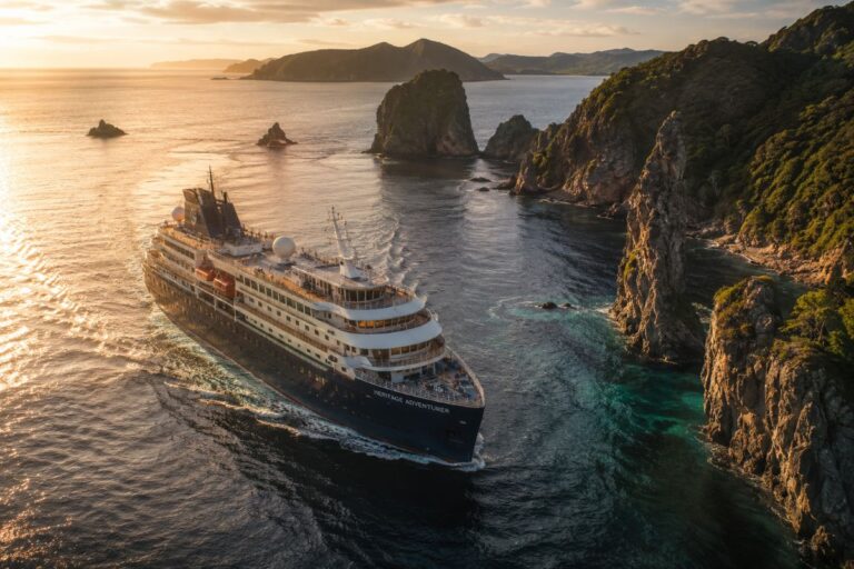 A large cruise ship sails near rugged rocky cliffs at sunset, calm turquoise water around the bow, labeled 'Heritage Adventurer' on the hull