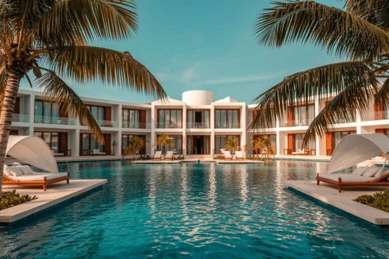 Luxurious tropical resort pool area with white modern buildings, palm trees, and sun loungers along the water edge.