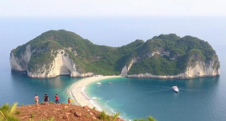 Forested island connected by a sandy isthmus to a larger rocky island, with turquoise water and several boats nearby; people stand on a viewpoint above.