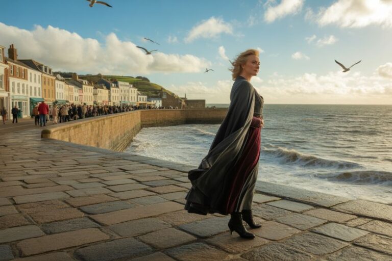 A woman in a flowing cape walks along a stone promenade beside the sea, with seagulls in the sky and pastel buildings in the background in a coastal town.
