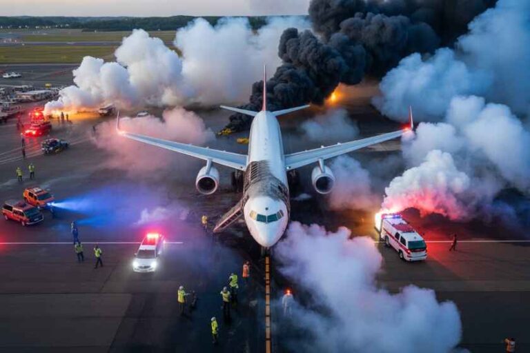Airliner on a runway surrounded by emergency responders, smoke plumes, and flashing-fire vehicles during a ground drill or incident.
