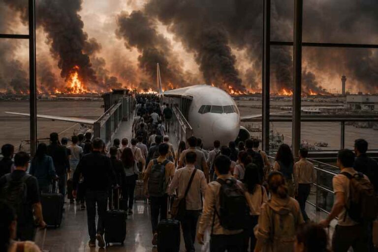 Passengers with luggage board a plane at a terminal as large fires burn and smoke billows in the background at the airport.