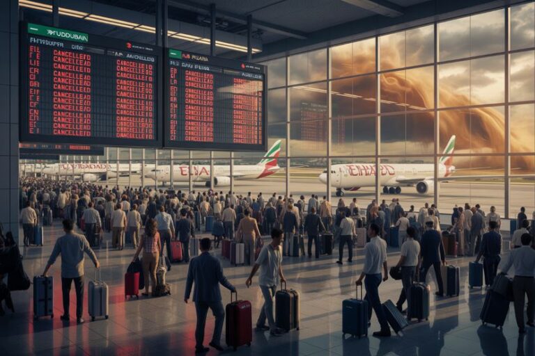 Crowded airport terminal with passengers and luggage, and screens showing CANCELLED flights outside the windows.