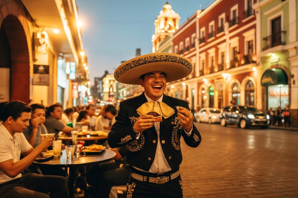 Mariachi performer in a ornate black suit and wide sombrero entertaining diners at an outdoor street cafe in a lively evening scene.
