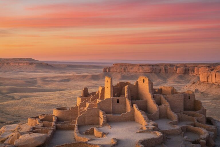 Ancient mud-brick fortress ruins in a desert at sunset with an orange-pink sky. | Informative scene showing a desert fortress against a colorful sunset, highlighting its architecture and landscape.