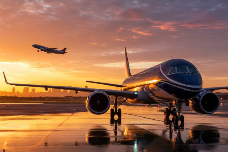 Front view of a large passenger jet on a wet runway at sunset, city skyline on the horizon.