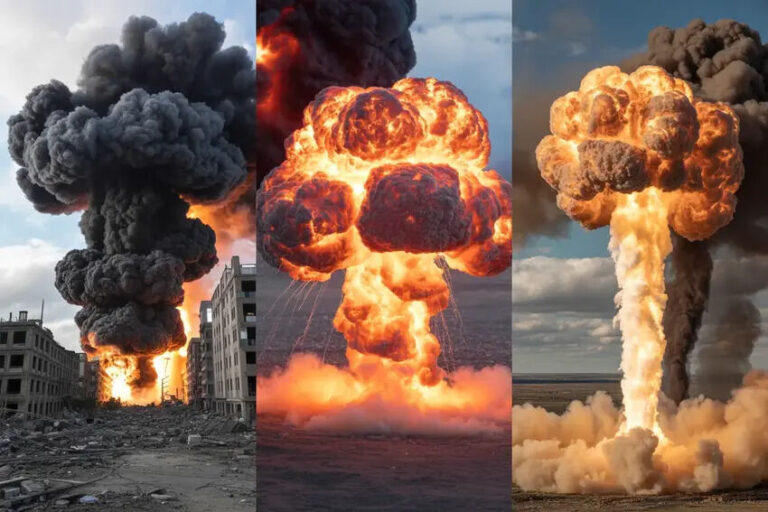 Three-panel collage showing explosions: left a smoky fire on a city street, middle a bright fiery mushroom cloud over water, right a tall columnar plume rising from the ground.